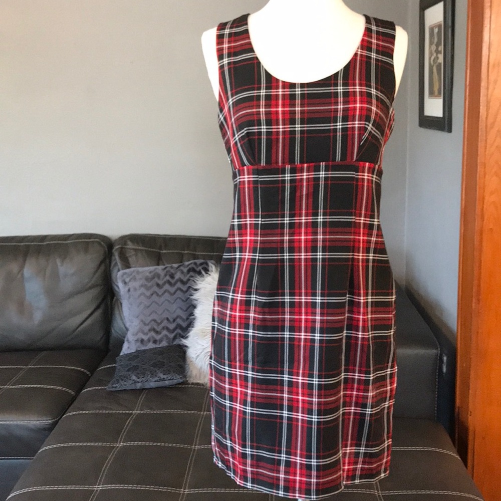 Red black plaid sleeveless mini dress punk Sm LF
